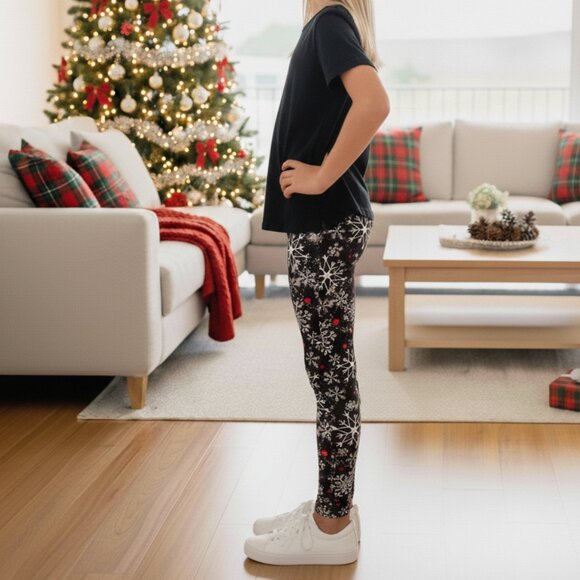 Small NEW Girls Christmas Snowflake Leggings Luxury Soft Yoga Pants - Picture 6 of 9